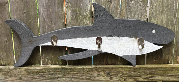 Rustic Wood Shark Hanger with 3 Hooks