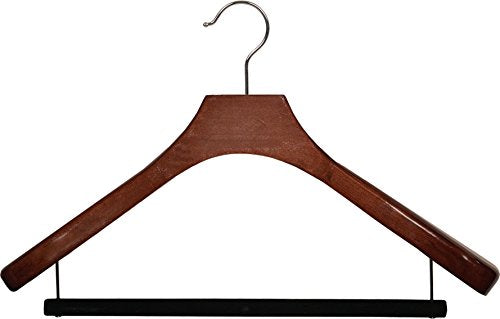 Deluxe Wooden Suit Hanger with Walnut Finish and Velvet Bar, Box of 6 Large 2 Inch Wide Contoured Hangers with Chrome Swivel Hook