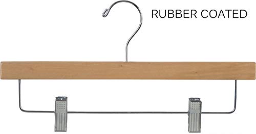 Rubberized Wooden Pant Hanger with Natural Finish and Adjustable Cushion Clips, Rubber Coated Bottom Hangers with Chrome Swivel Hook (Set of 100) by The Great American Hanger Company
