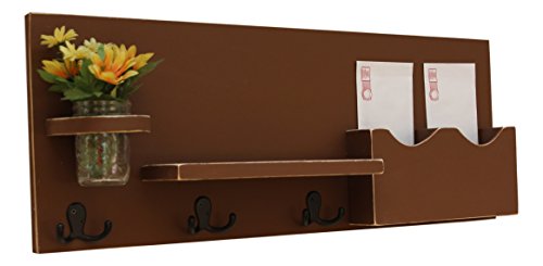 Legacy Studio Decor Mail Organizer Letter Holder with Coat Hooks Key Hooks & Mason Jar (Distressed, Chocolate)