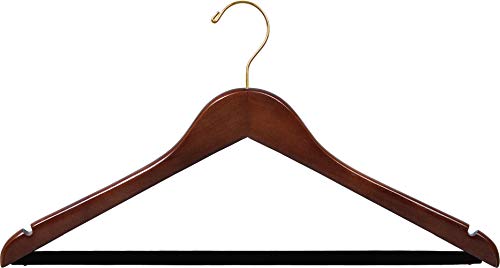 The Great American Hanger Company Wooden Suit Hanger w/Velvet Bar, Walnut Finish with Brass Hardware, Box of 50