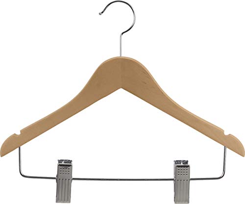 The Great American Hanger Company Wooden Junior Combo Hanger with Adjustable Cushion Clips, Box of 24 Flat 14 inch Hangers with Natural Finish, Notches and Chrome Swivel Hook