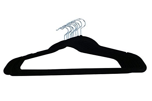 Minel Ultra Slim Non-Slip Space Saving Velvet Hangers in Black With Swivel Hook for Suits, Dresses, Shirts, Etc. - 20 Hangers