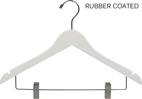The Great American Hanger Company White Rubberized Wooden Combo Hangers with Adjustable Cushion Clips, Box of 25 Flat Rubber Coated Hangers with Chrome Swivel Hook & Notches