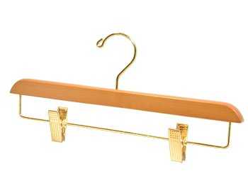 Light Oak Finish Pant/Skirt Hanger with Brass Plated Metal Hardware - Large Box of 100