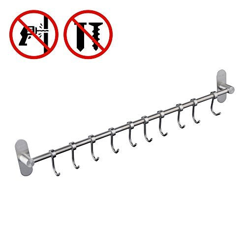 Kelelife Self Adhesive Organizer RackÂ with 10Â Hooks, No Drilling StainlessÂ Steel Kitchen Utensil Holder, Brushed Nickel