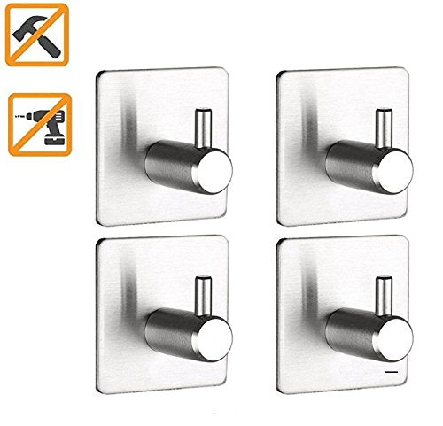 BERKET 3M Adhesive Hooks, Heavy Duty Wall Hooks, Stainless Steel Waterproof Hanger for Kitchen Bathroom Bags Towel Coat Keys Robe Home Offices No Drilling Required Utility Hooks (B-Hooks4PC)
