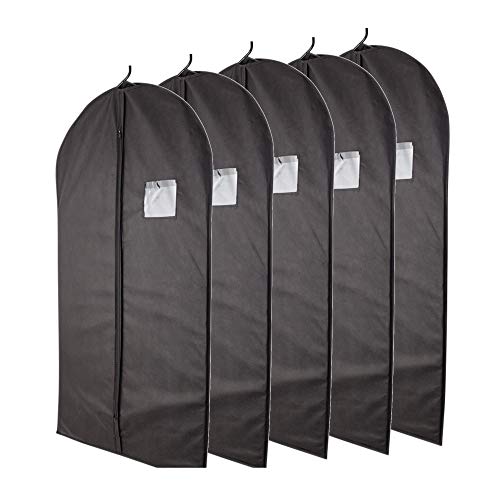 Plixio Garment Bags Suit Bag for Travel and Clothing Storage of Dresses, Dress Shirts, Coats— Includes Zipper and Transparent Window (Black- 5 Pack: 40