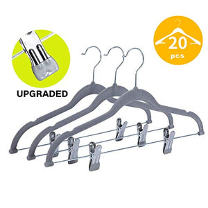 Qiangson Velvet Hangers with Clips 20 Pack Trousers Pants Hangers Non-Slip Ultra Thin Coat Hangers with 360 ° Swivel Hook Grooves for Suits, Skirts, Dresses, Tank Tops, Slip Clothes 16.5inch Gray