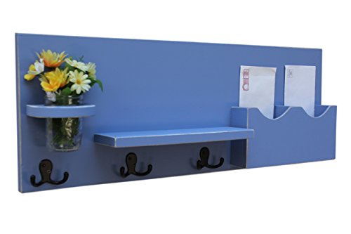 Legacy Studio Decor Mail Organizer Letter Holder with Coat Hooks Key Hooks & Mason Jar (Distressed, Ocean)