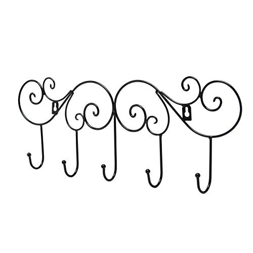 MyGift Scrollwork Metal Wall-Mounted Hook Rail, Garment Hanger Organizer Rack w/ 5 Coat Hooks