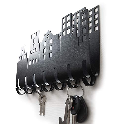 Mail and Key Organizer Wall Mount – City Silhouette Shaped Mail Holder with Key Hooks – Precision Cut Steel Mail Holder for Wall with 7 Key Hooks – Stylish and Modern Mail Hanger