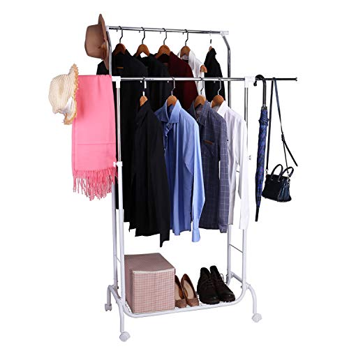 Mythinglogic Double Rail Garment Rack with Wheels, Commercial Rolling Clothes Drying Rack Height Adjustable Clothing Hanging Rack with Lower Storage Shelf for Boxes, Shoes, Boots(White and Chrome)