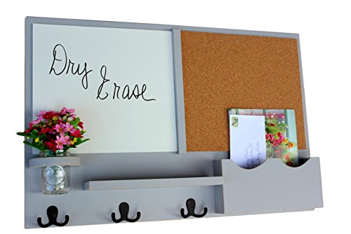 Legacy Studio Decor Message Center with Large Mail Slot, White Board & Cork Board Letter Holder Coat Rack Key Hooks (Distressed, Gray)