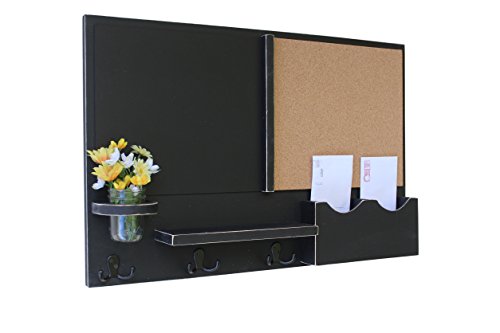 Legacy Studio Decor Message Center with Chalkboard & Cork Letter Holder Coat Rack Key Hooks (Distressed, Black)