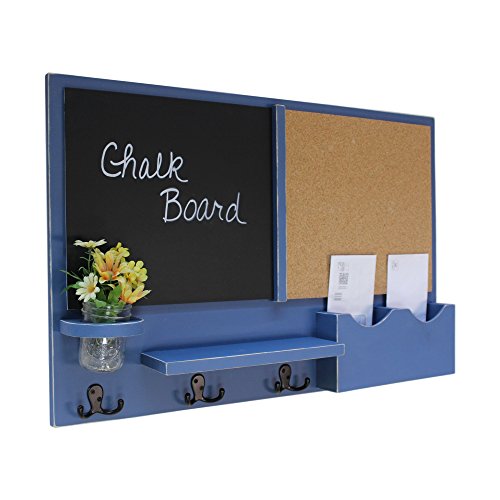 Legacy Studio Decor Message Center with Chalkboard & Cork Letter Holder Coat Rack Key Hooks (Distressed, Denim)