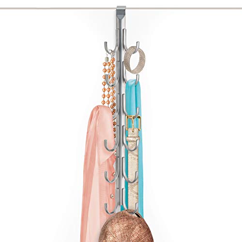 Lynk Over Door Accessory Hanger - Scarf, Belt, Hat, Jewelry Organizer - Vertical 12 Hook Rack - Platinum