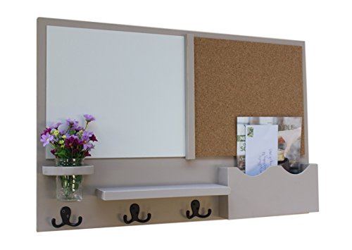 Legacy Studio Decor Message Center with White Board & Cork Board Letter Holder Coat Rack Key Hooks (Distressed, Beige)