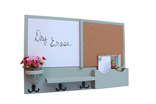 Legacy Studio Decor Message Center with Large Mail Slot, White Board & Cork Board Letter Holder Coat Rack Key Hooks (Distressed, Green Tea)