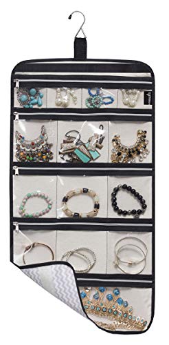 MISSLO Hanging Jewelry Organizer Travel Foldable Jewelry Roll Storage Case with 14 Cotton Zippered Pockets for Traveling, Closet, Suitcase