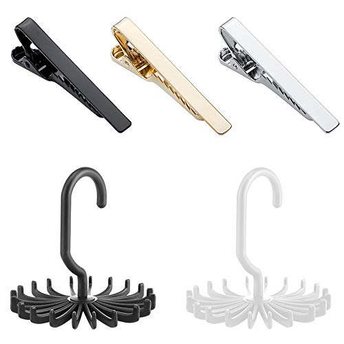 DaKuan 2 Pack Adjustable Twirl Tie Rack and 3 Pack Tie-Clip Set, 360 Degree Rotating Tie Hanger (Black and White) for Closet Organizer Storage and Black, Gold, Silver Tie Bar Clips for Men