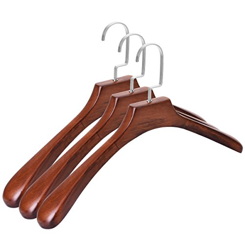 Tiggo High-Grade Solid Wooden Wide Shoulder Coat Hanger, Retro Wood Clothes Hangers, Natural Finish & Pearl Nickel Polished Hook for Winter Heavy Coat and Jacket, Sweater, and Suit, 3-Pack