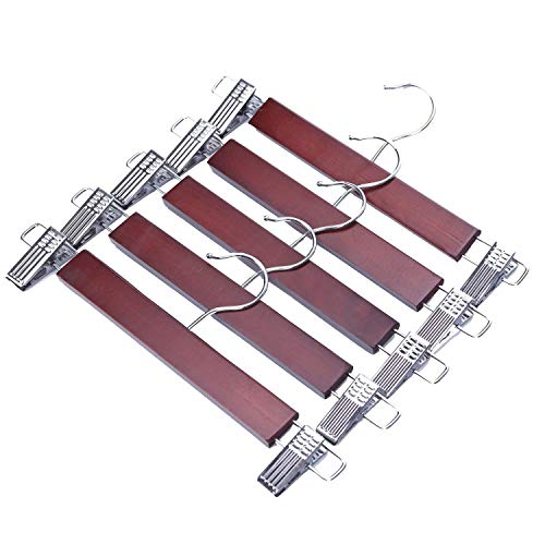 JS HANGER Wooden Pant Skirt Hangers Smooth Walnut Finish Wooden Pant Skirt Hangers with 2-Adjustable Anti-Rust Clips, 5-Pack