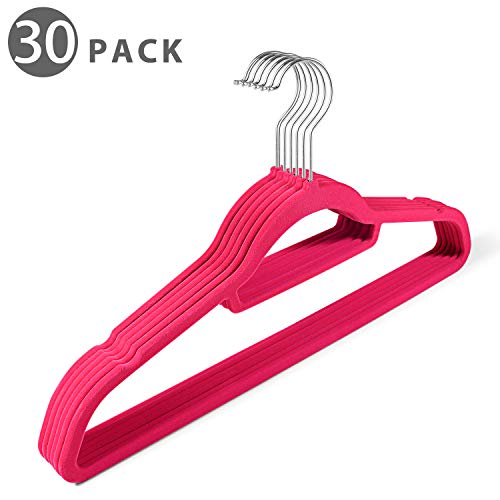 Flexzion Velvet Hanger 30 Pack - Non Slip Dress Hanger with Accessory Bar Space Saving, Strong and Durable with 360 Degree Swivel Hook, Contoured Shoulder for Shirts Clothes Coat Suit Pants (Pink)