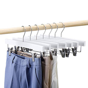 HOUSE DAY Wooden Pants Hangers 25pcs 14inch Wood Skirt Hangers Trousers Bottom Hangers with Adjustable Clips, 360 Swivel Hook, Premium Solid Wood, White Color Hangers Elegant for Closet Organization