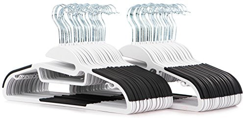 Popular Design Products 50 pc Premium Quality Easy-On Clothes Hangers - White with Black Non-Slip Pads - Space Saving Thin Profile - for Shirts, Pants, Blouses, Scarves – Strong Enough for Coats