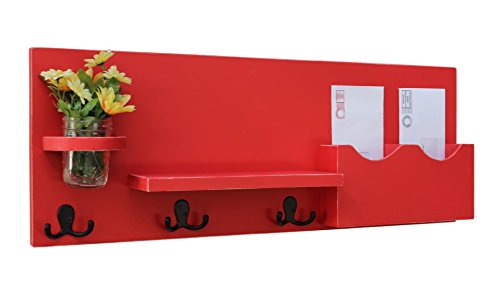 Legacy Studio Decor Mail Organizer Letter Holder with Coat Hooks Key Hooks & Mason Jar (Distressed, Red)