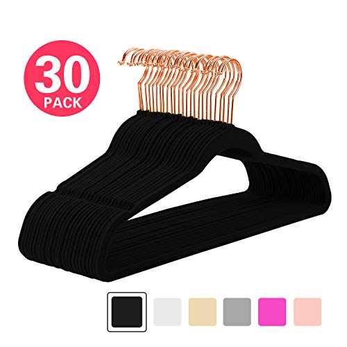 MIZGI Premium Velvet Hangers (Pack of 30) Heavyweight - Non Slip - Velvet Suit Hangers Black - Copper/Rose Gold Hooks,Space Saving Clothes Hangers (Black)