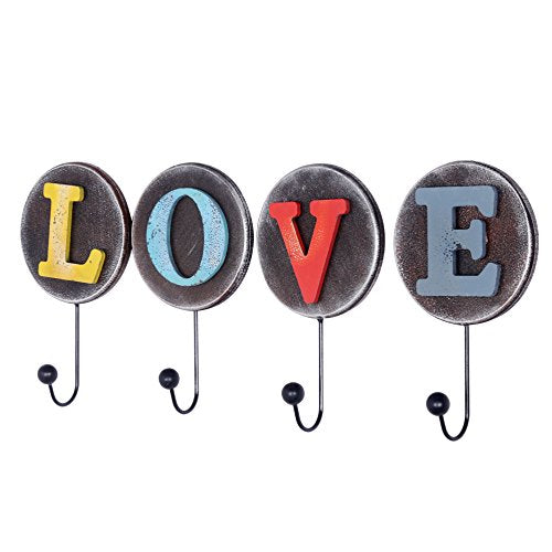 Dseap Vintage DIY Love Letter Hook, Rustic Finish, Country Farmhouse Style, Decorative Wall Hook, Wall Mounted Hanger, 4 Hooks for Coat Hat Towel Purse Key Robes Clothing,YLOV1