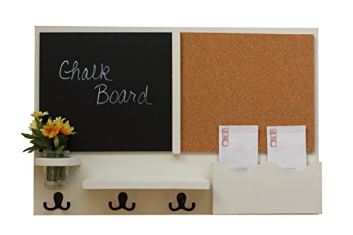 Legacy Studio Decor Message Center with Chalkboard & Cork Letter Holder Coat Rack Key Hooks (Distressed, Off White)