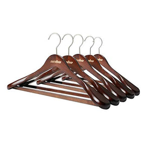 Brown Clothers Hangers, UNHO Extra Wide Coat Wooden Hangers with Anti-Rust 360 Degree Swivel Hook Clothing Hangers, Standard Hangers Ideal for Everyday Use, 5Pcs