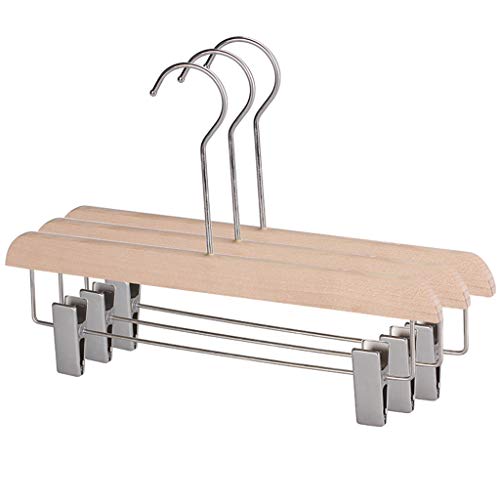Natural Wood Pants Skirt Slack Hangers with 2-Adjustable Anti-Rust Clips and Anti-Rust Hook 10-Pack,001