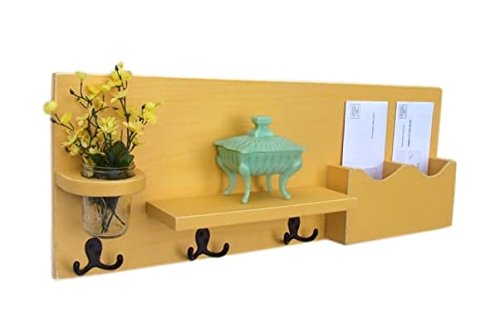 Legacy Studio Decor Mail Organizer Letter Holder with Coat Hooks Key Hooks & Mason Jar (Distressed, Honey)
