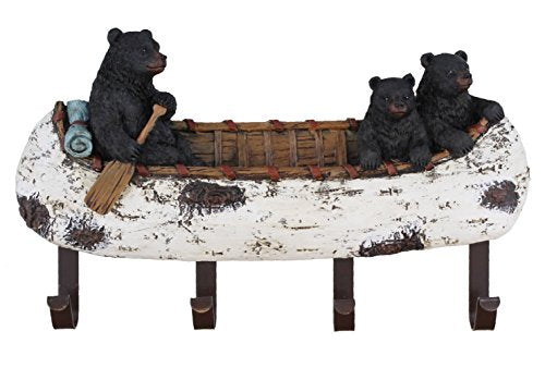 Old River Outdoors Black Bear and Cubs Paddling a Canoe Decor - 4 Peg Decorative Wall Mount Hook