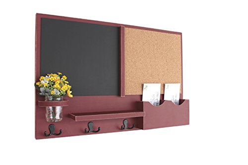 Legacy Studio Decor Message Center with Chalkboard & Cork Letter Holder Coat Rack Key Hooks (Distressed, Barn Red)