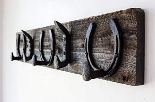 Vintage Rustic Coat Rack –Authentic Barn Wood Hanger Rack for Towels, Clothes, Hats, Bags–Antique Door & Wall Mounted 5-Hook Rail (Horseshoe & Railroad Spike Hook - 32