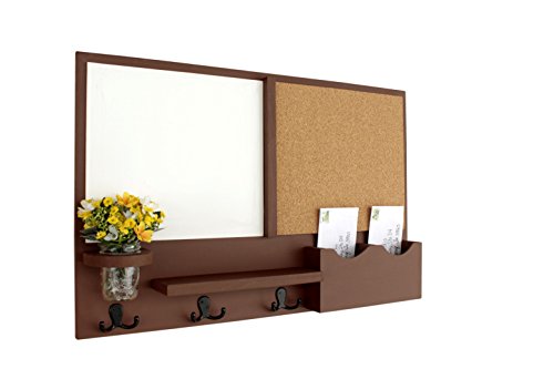 Legacy Studio Decor Message Center with White Board & Cork Board Letter Holder Coat Rack Key Hooks (Smooth, Chocolate)