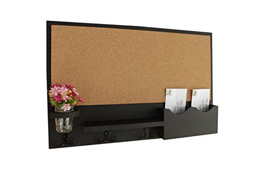 Legacy Studio Decor Cork Board Mail & Letter Holder with Key Hooks (Smooth, Black)