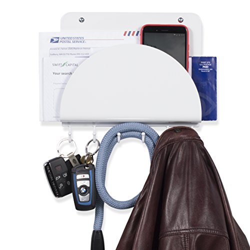 Wallniture Entryway Organizer - Wall Mounted Coat Key Hooks - Magazine Mail Holder Rack Steel White