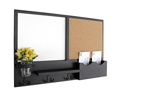 Legacy Studio Decor Message Center with White Board & Cork Board Letter Holder Coat Rack Key Hooks (Smooth, Black)