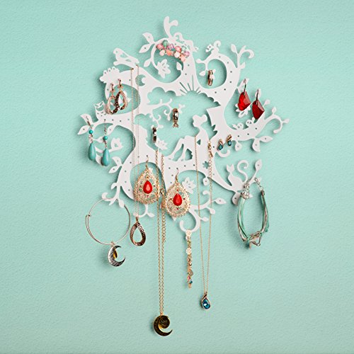 Bay Area Housewares Jewelry Organizer Wall Display for Hanging Rings, Necklaces, Earrings – Girls Fairy Tale, Flowers, Magical “Disney” Like, Victorian, Whimsical Jewelry Holder – White