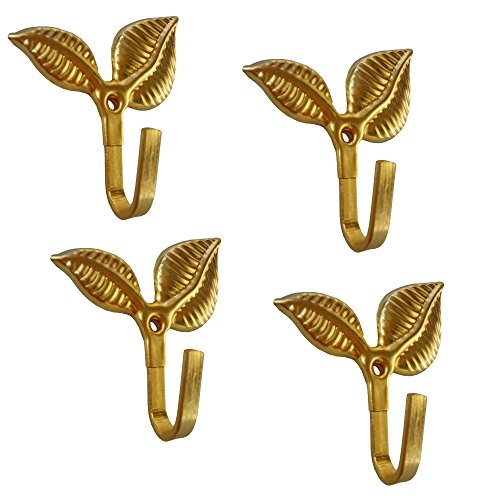 WISHAVE 4 Pcs Leaf Pattern Metal Shower Curtain Tieback Hooks Wall Decorative Hookbacks Clothes Coat Hat Home Storage Hangers Golden