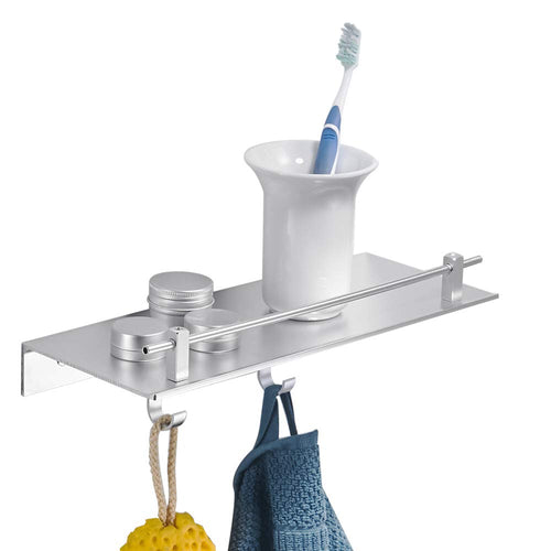 BESy Adhesive Bathroom Shelf Rectangular Shower Shelf with Two Hooks, Drill Free with Glue or Wall Mount with Screws,Heavy Duty Aluminum Multifunction Storage Coat Hanger, Dull Polished Silver