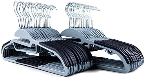 Popular Design Products 50 pc Premium Quality Easy-On Clothes Hangers - Grey with Dark Blue Non-Slip Pads - Space Saving Thin Profile - for Shirts, Pants, Blouses, Scarves - Strong Enough for Coats