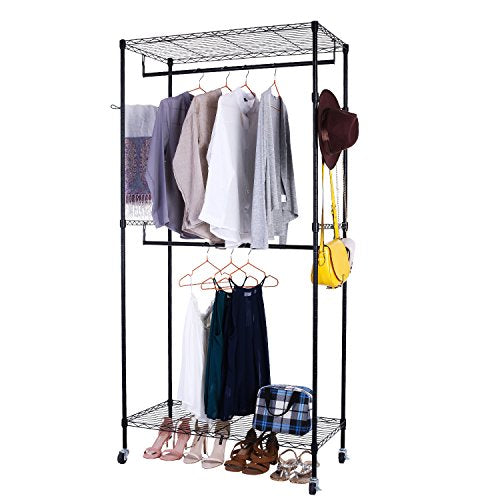 Free-Standing Rolling Clothes Rack,Heavy Duty Wire Shelving Garment Rack, Portable Double Rod Clothes Closet Wardrobe with Wheels (Black-1)
