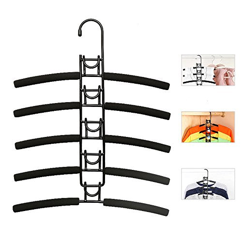 SUPOW Clothes Hangers, 5 in 1 Multi-Layer Nop-Slip Wardrobe Clothes Rack Metal Space Saver Clothes Storage Clothes Rack for Jacket, Coat, Sweater,Trousers, Shirt, T-Shirt, Ect.(Adult Size) (Black)